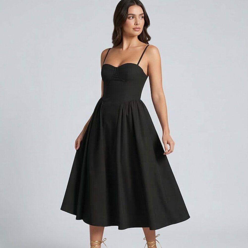 Elegant Corset-Style Midi Dress in Midnight Black